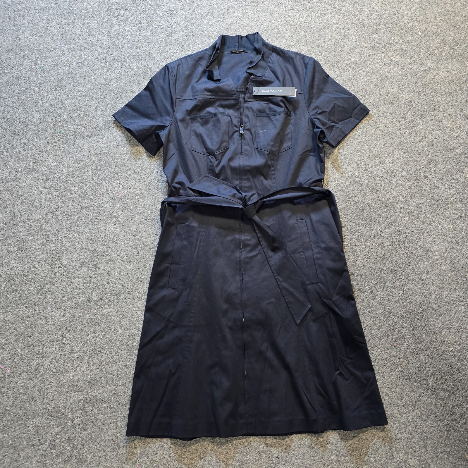 Elie Tahari Dress Womens Size 8 Blue Fitted Full Zip Belted Short Sleeve Casual