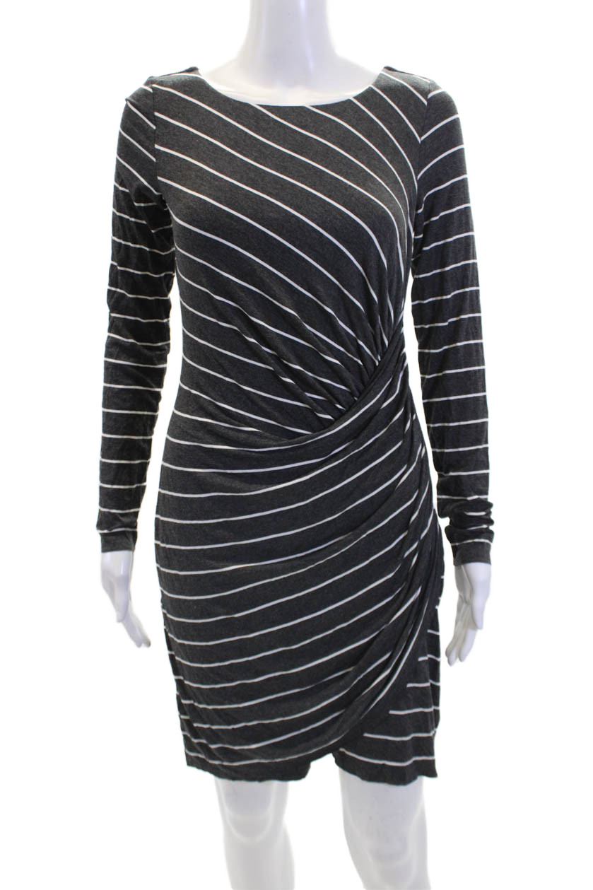 Bailey 44 Womens Striped Round Neck Long Sleeve Bodycon Dress Gray Size M
