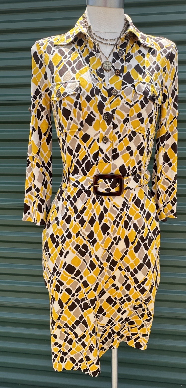 Tory Burch 100% Silk Dress Women Small Yellow Geometric 3/4 Sleeve Button Knee