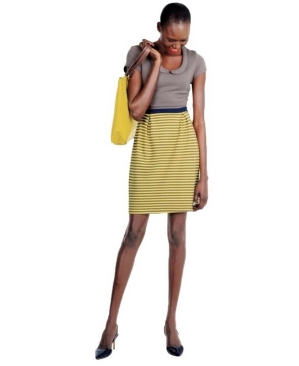 Boden Lila Striped Jersey Knit Dress Peter Pan Collar Yellow Taupe Gray US 6 R