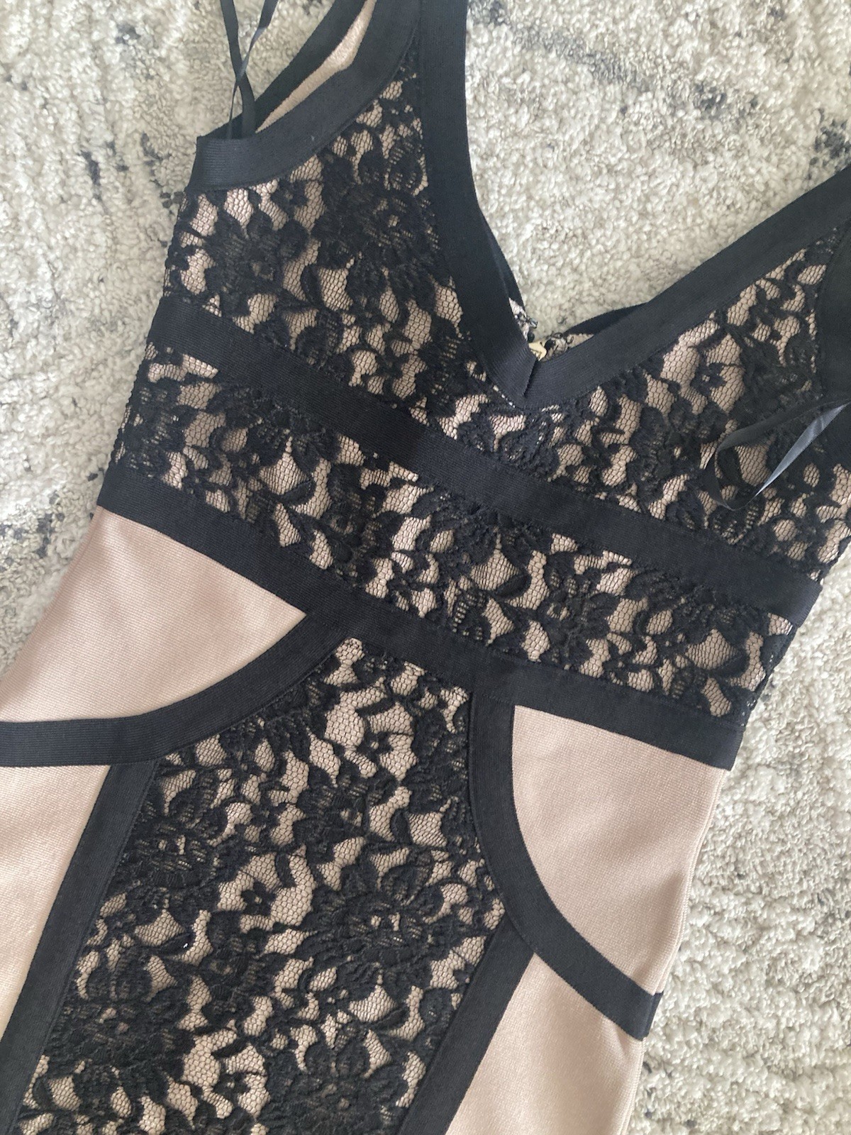 NEW bebe black beige Floral lace straps zipper bandage top dress S Small sexy