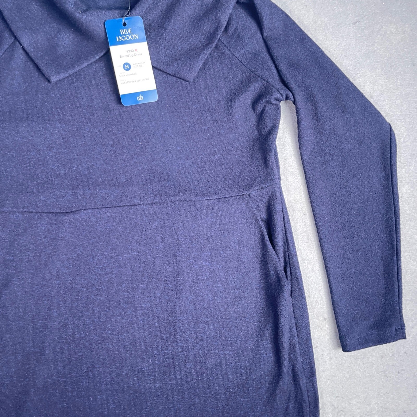 Cabi Round Up Dress Funnel Neck Long Sleeve Pockets Black Cobalt Blue M