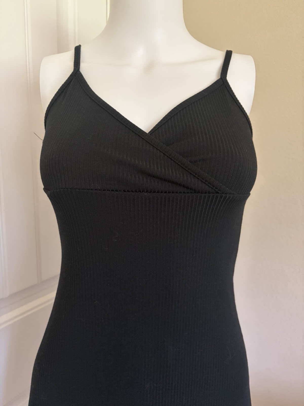 Simple Black Ribbed Spaghetti Strap Mini Dress