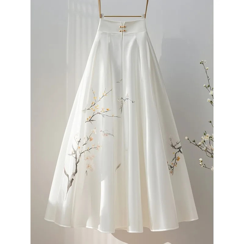 Elegant Temperament Chinese Style Printing Solid Color Skirt Women Spring Summer
