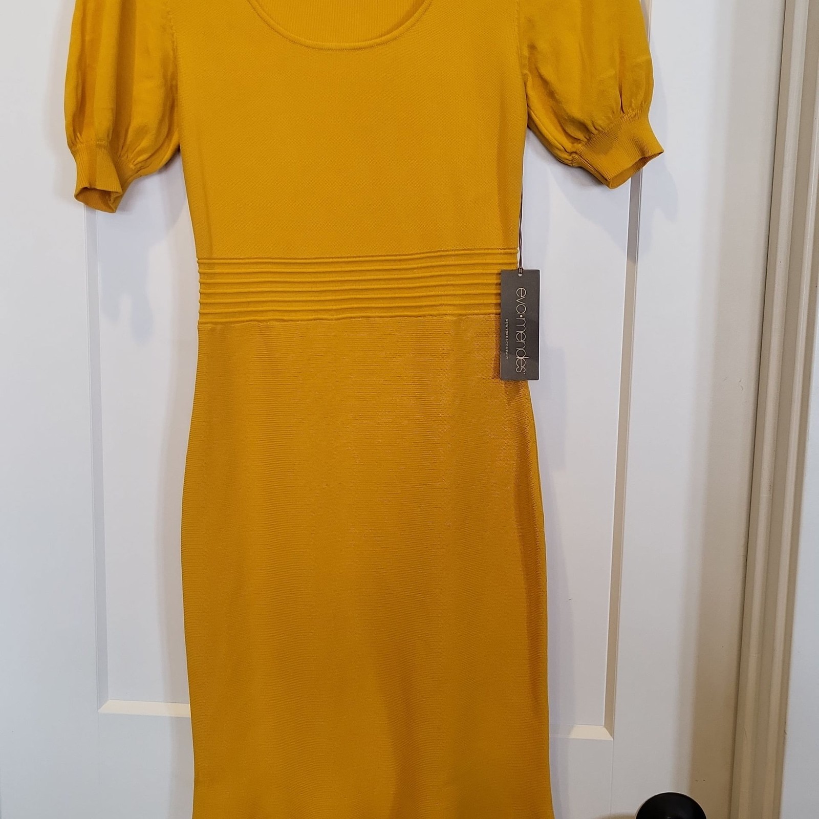 Eva Mendes Collection New York & Company Yellow Ribbed Knit Puff Sleeve Mermaid