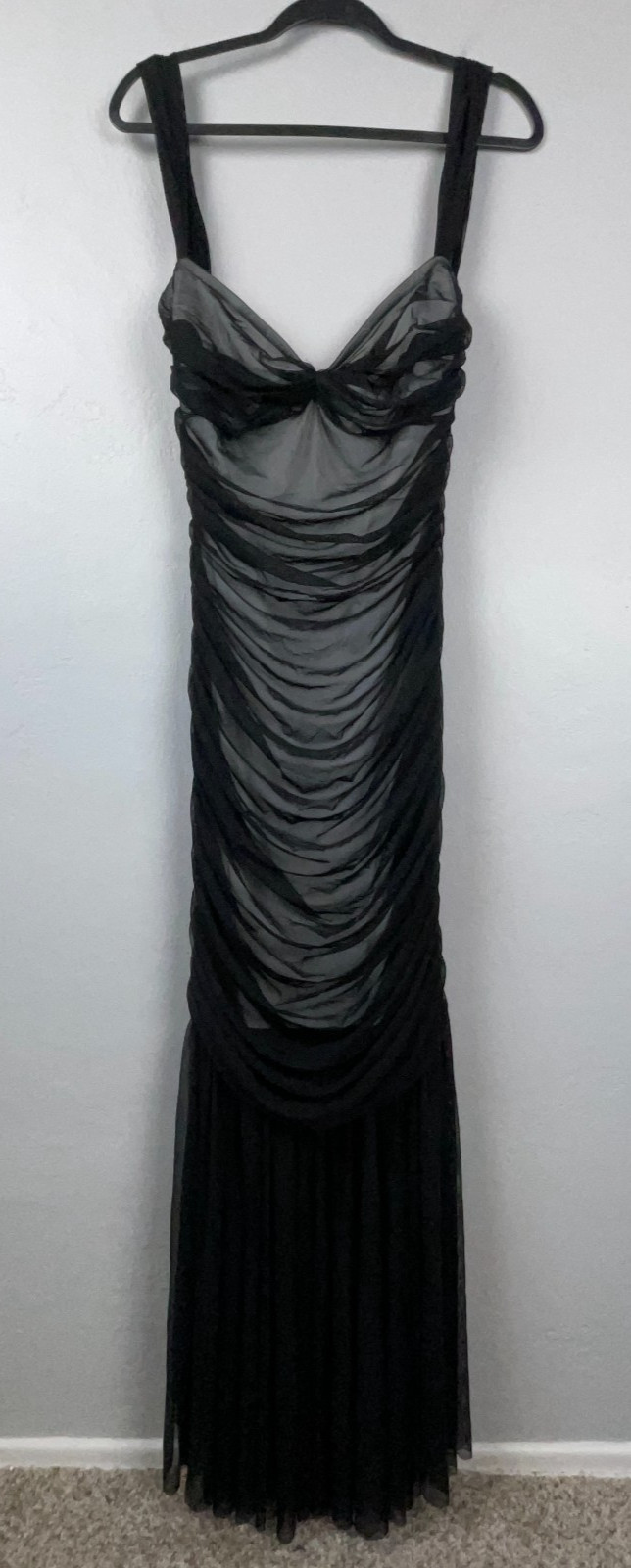 Norma Kamali Walter Fishtail Dress L / 40 Black Full Length Gown Evening Chiffon