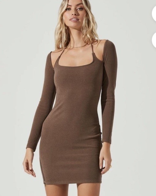 ASTR The Label Brown Halter Long Sleeve Mini Dress Ribbed Bodycon Sz Small Party