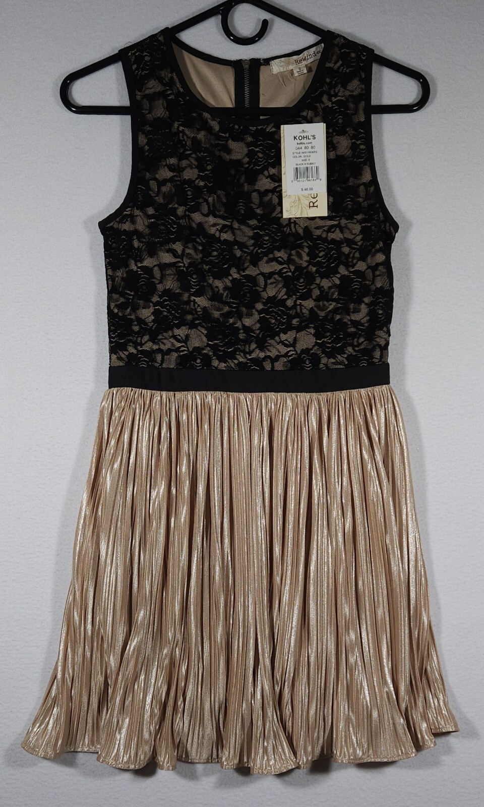 Rewind Black Lace Over Gold Pleated Skirt Dress Womens Size Small Black & Bubbly