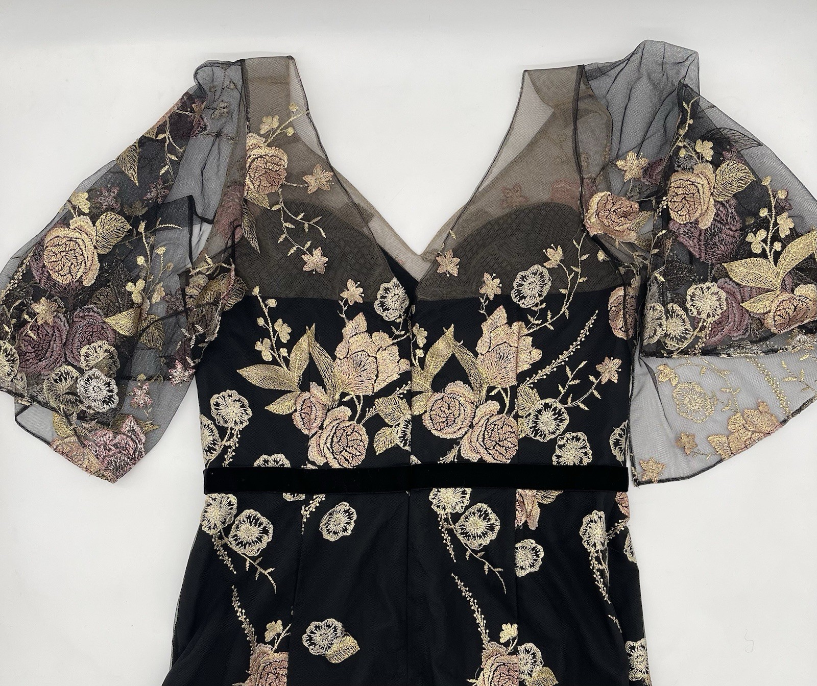 Marchesa Notte Floral Embroidered Gown Black Gold Pink Sheer Cape Sleeve Size 10