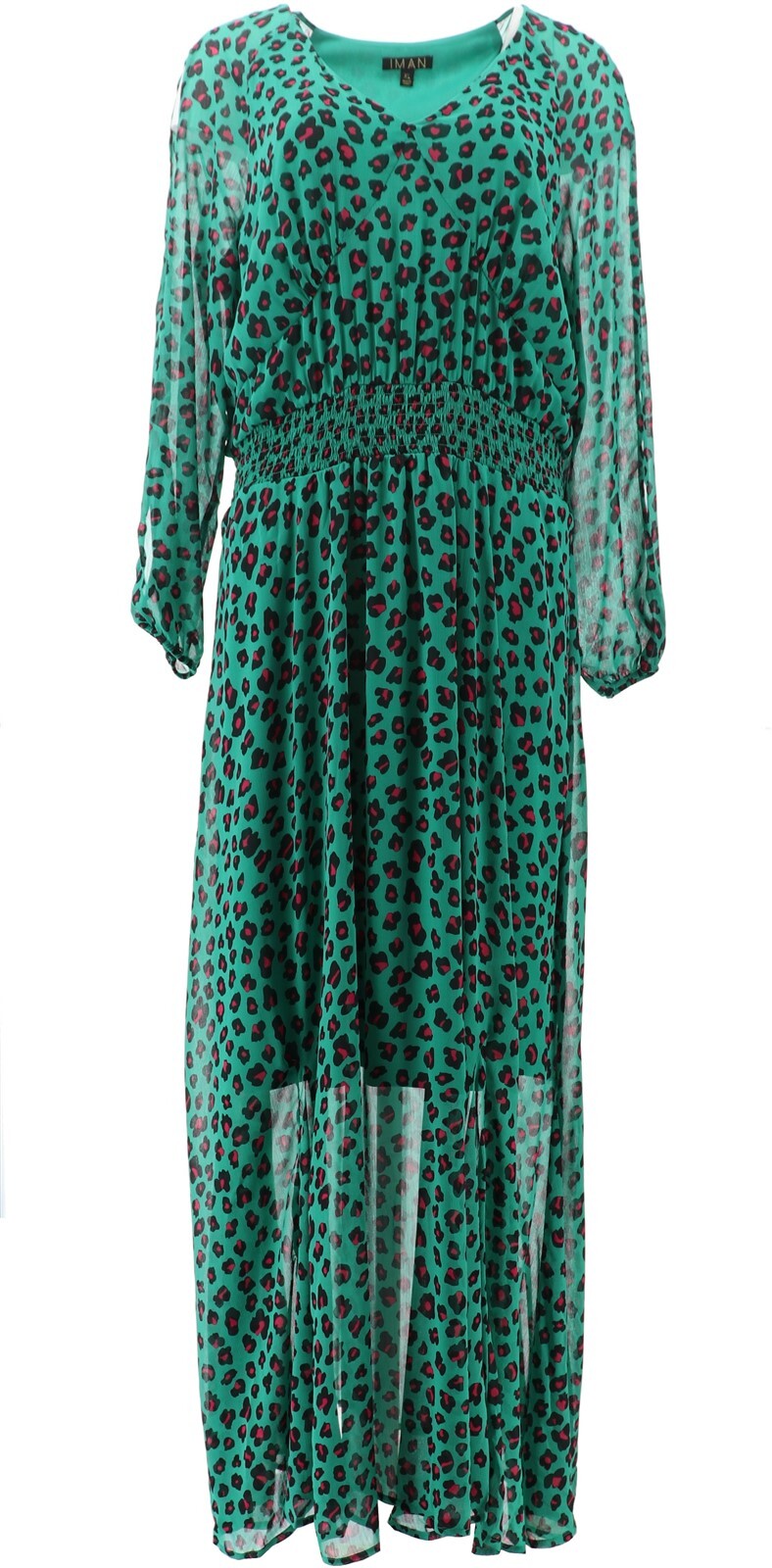 IMAN Global Chic Luxury Resort Printed Maxi Dress Jade Cheetah L Avg NEW (862)