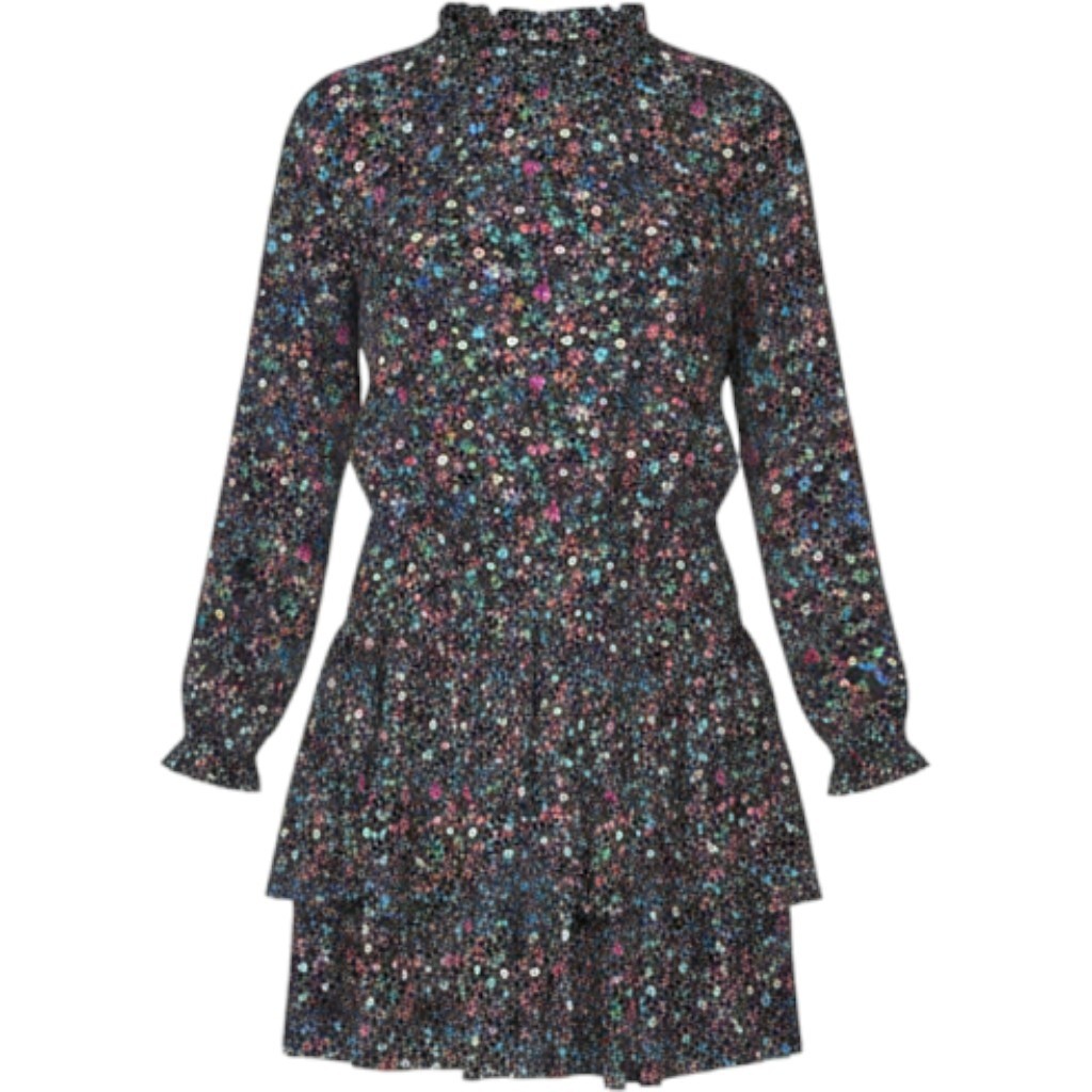Current Air Multi Color Star Print Pleated Tiered Mini Dress Black Large 1990084