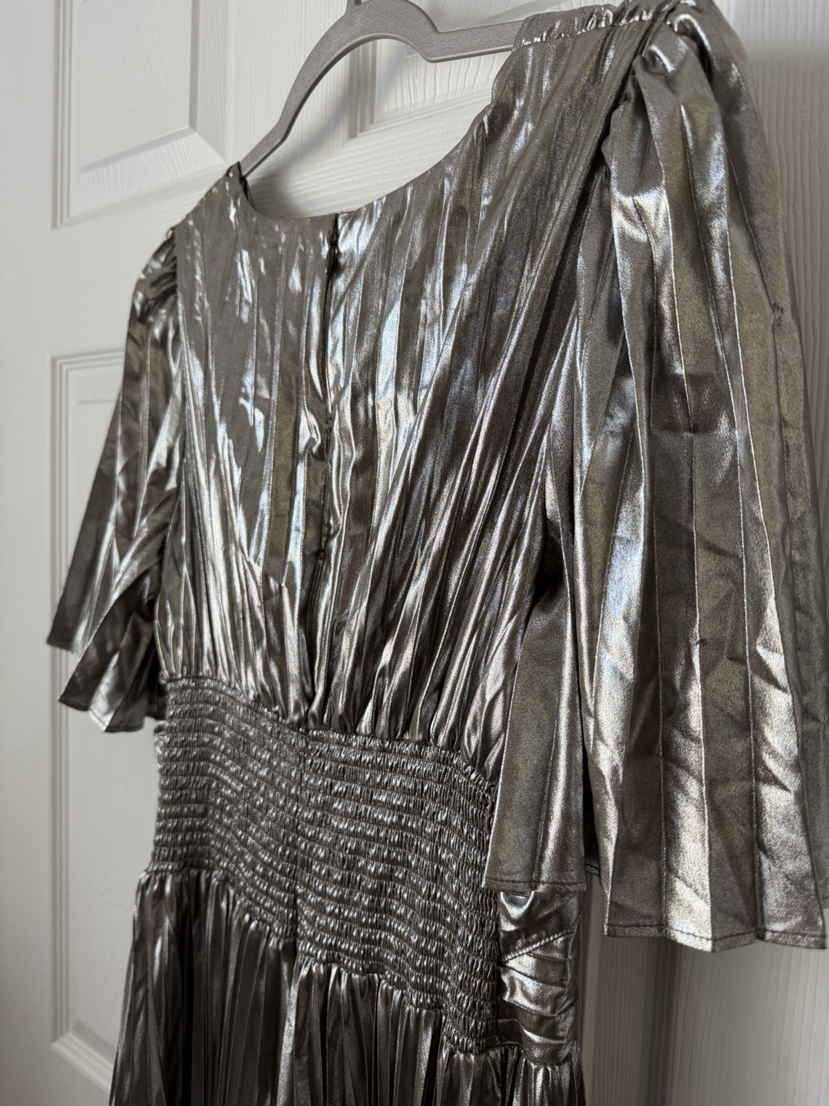By Anthropologie Metallic Pleated Cutout Midi Dress Silver green Size S