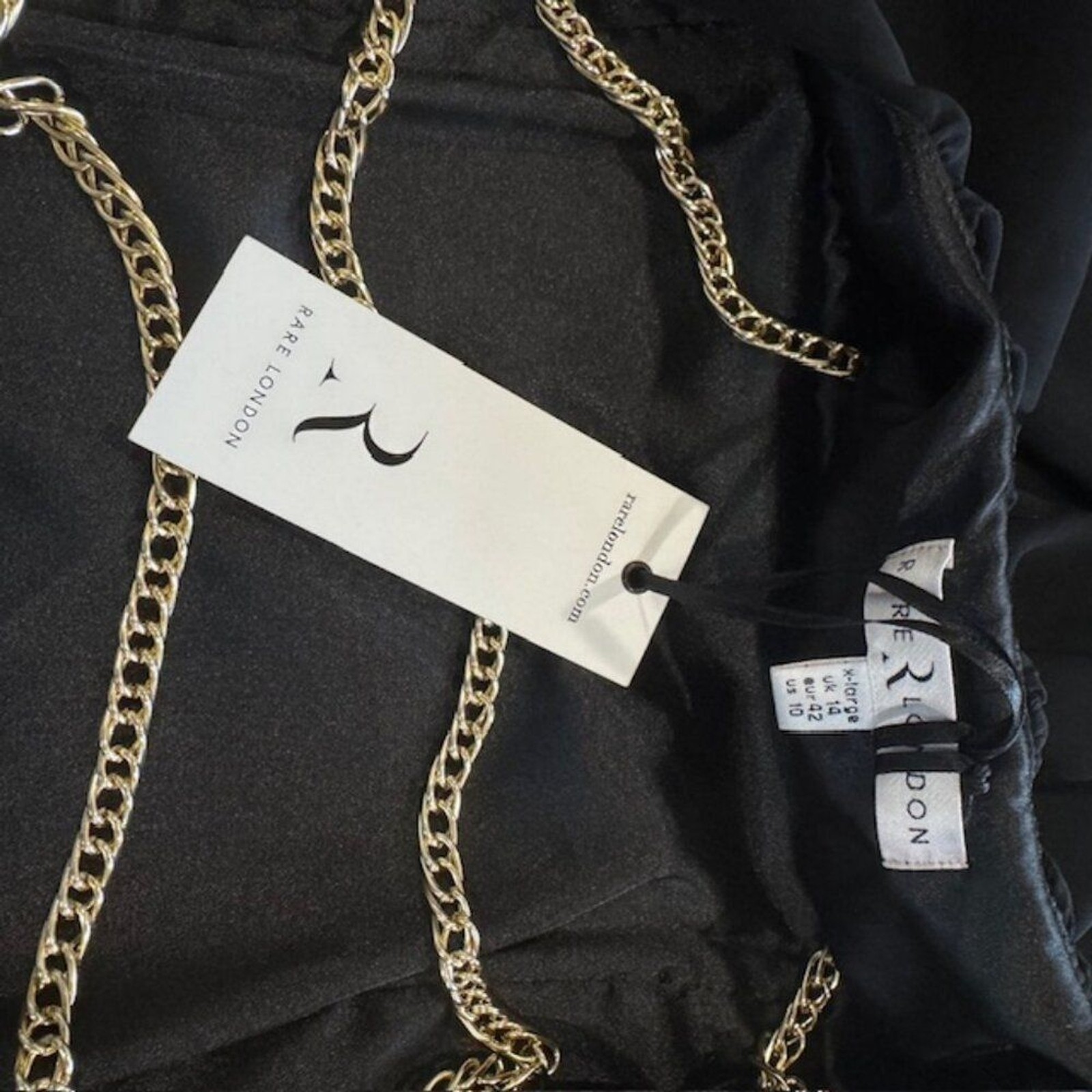 Rare London Black Chain Back Mini Dress Size 10 | Elegant Open Back with Gold Ch
