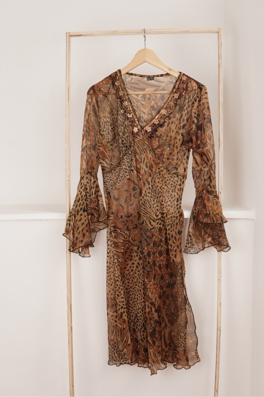 Vintage Animal Print Viscose Beaded Beach Cover Up Boho L/ XL