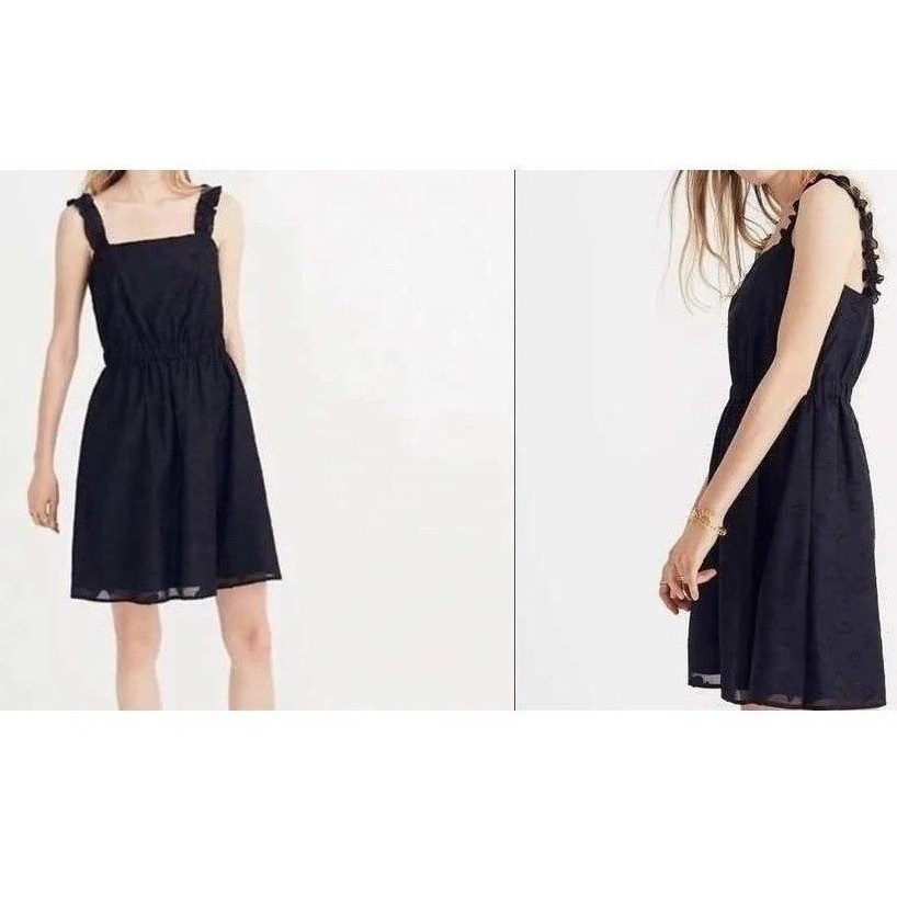 Madewell Black Ruffle Strap Tie-Back Mini Dress Size Small Fit & Flare Feminine