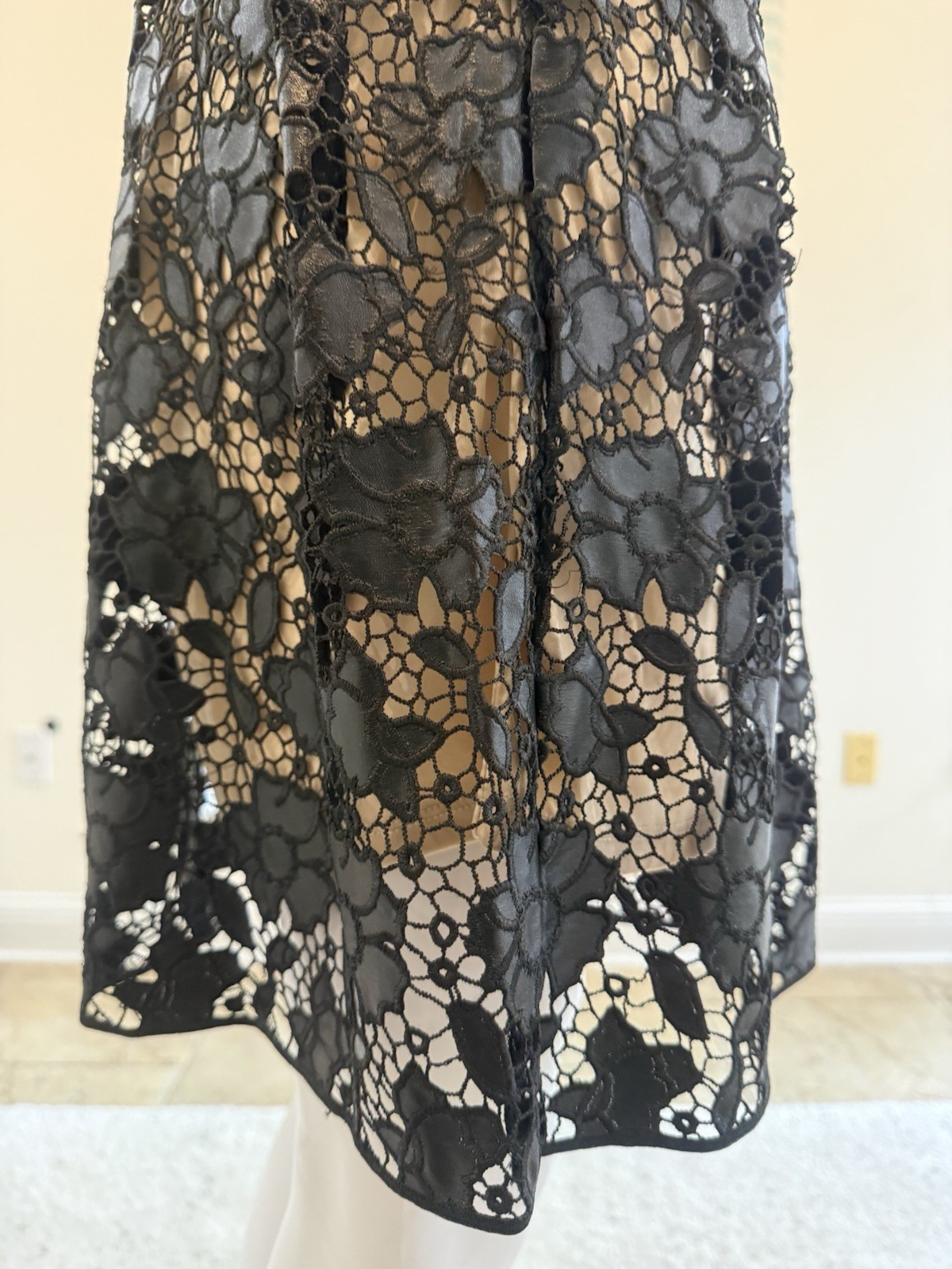 Romeo & Juliet Couture Black and Nude Floral Eyelet Lace Illusion Dress SizeS
