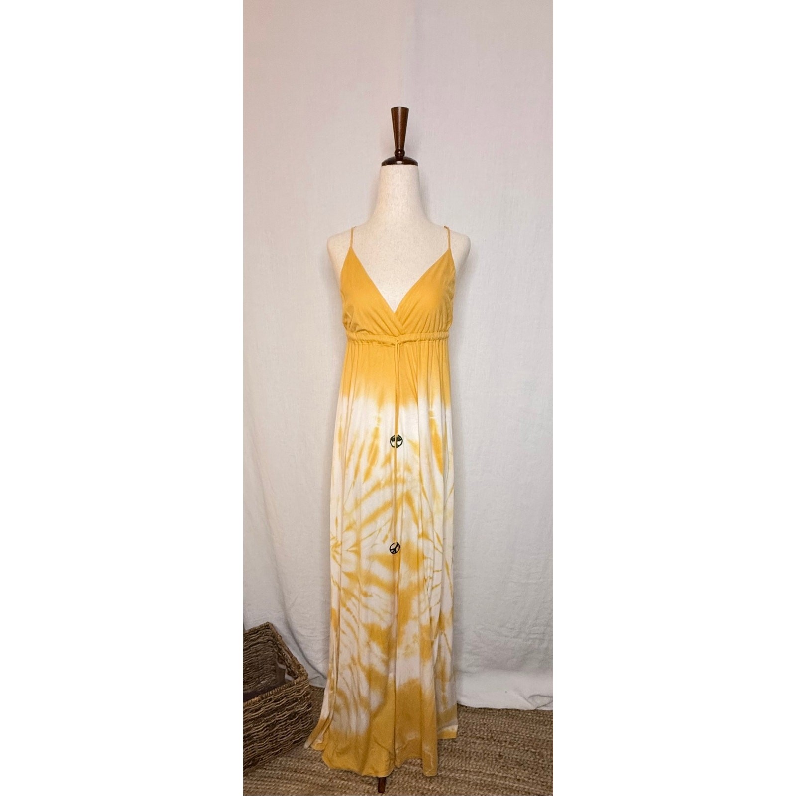 Gypsy 05 Yellow Boho Tie Dye Maxi VNeck Sundress Spaghetti Strap Empire Waist S