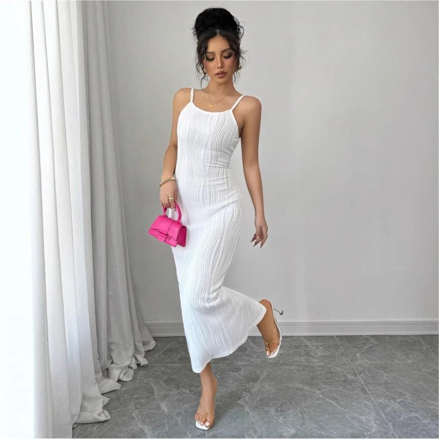 Womens Solid-Color Backless Slit Casual Dress