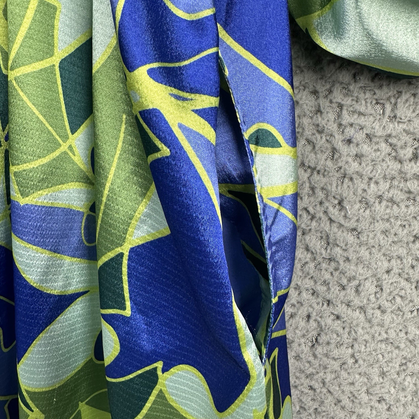 Emily McCarthy M Green Blue Ruffle Collar Blouson Sleeves Dress Flowy Artsy Boho