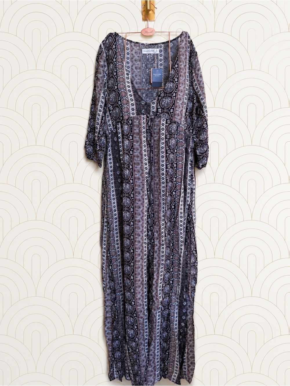 NWT Abercrombie and Fitch Boho Printed Maxi Dress in Black and Taupe
