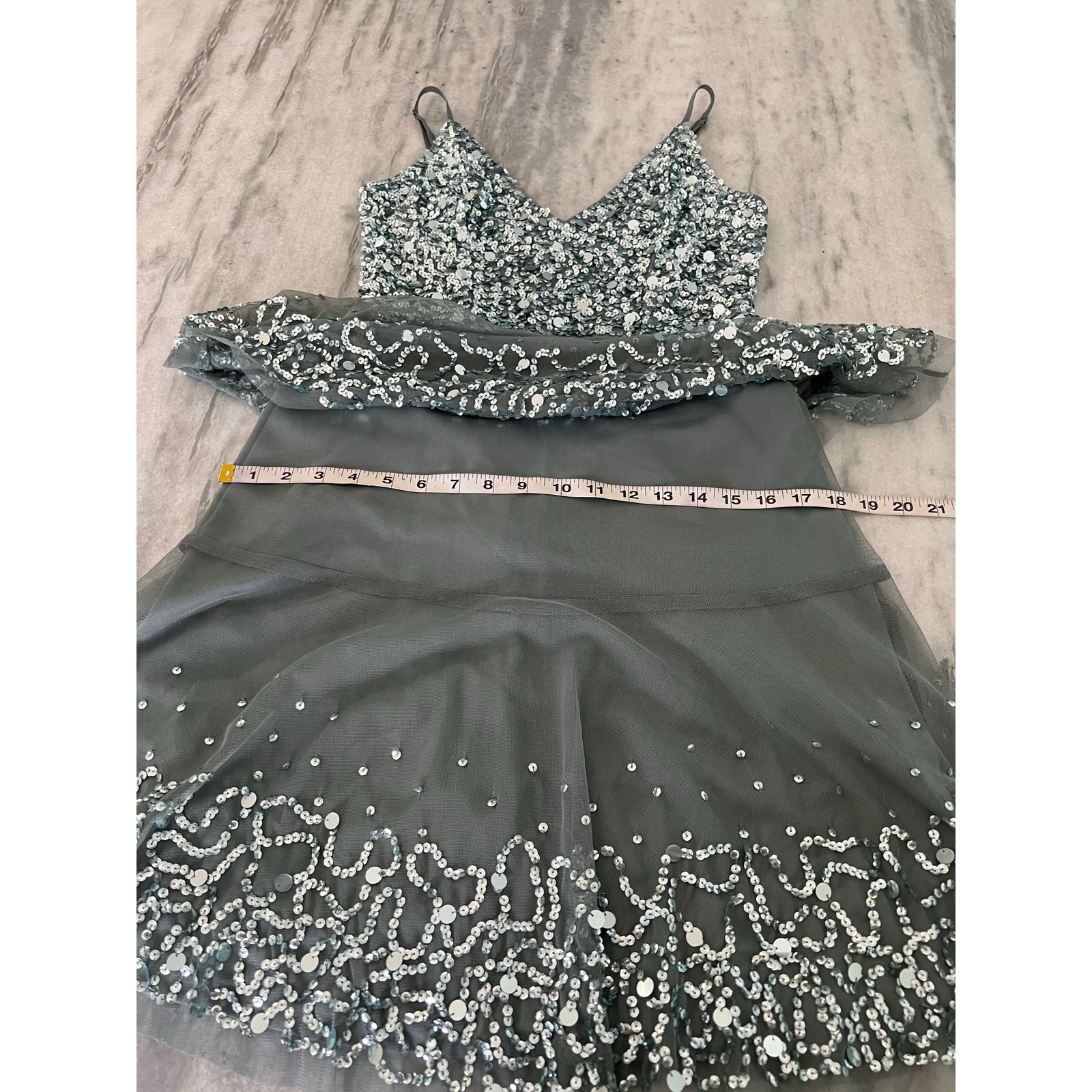 Lace & Beads Silver Gray Sequin Mini Dress Size Small Tiered Tulle