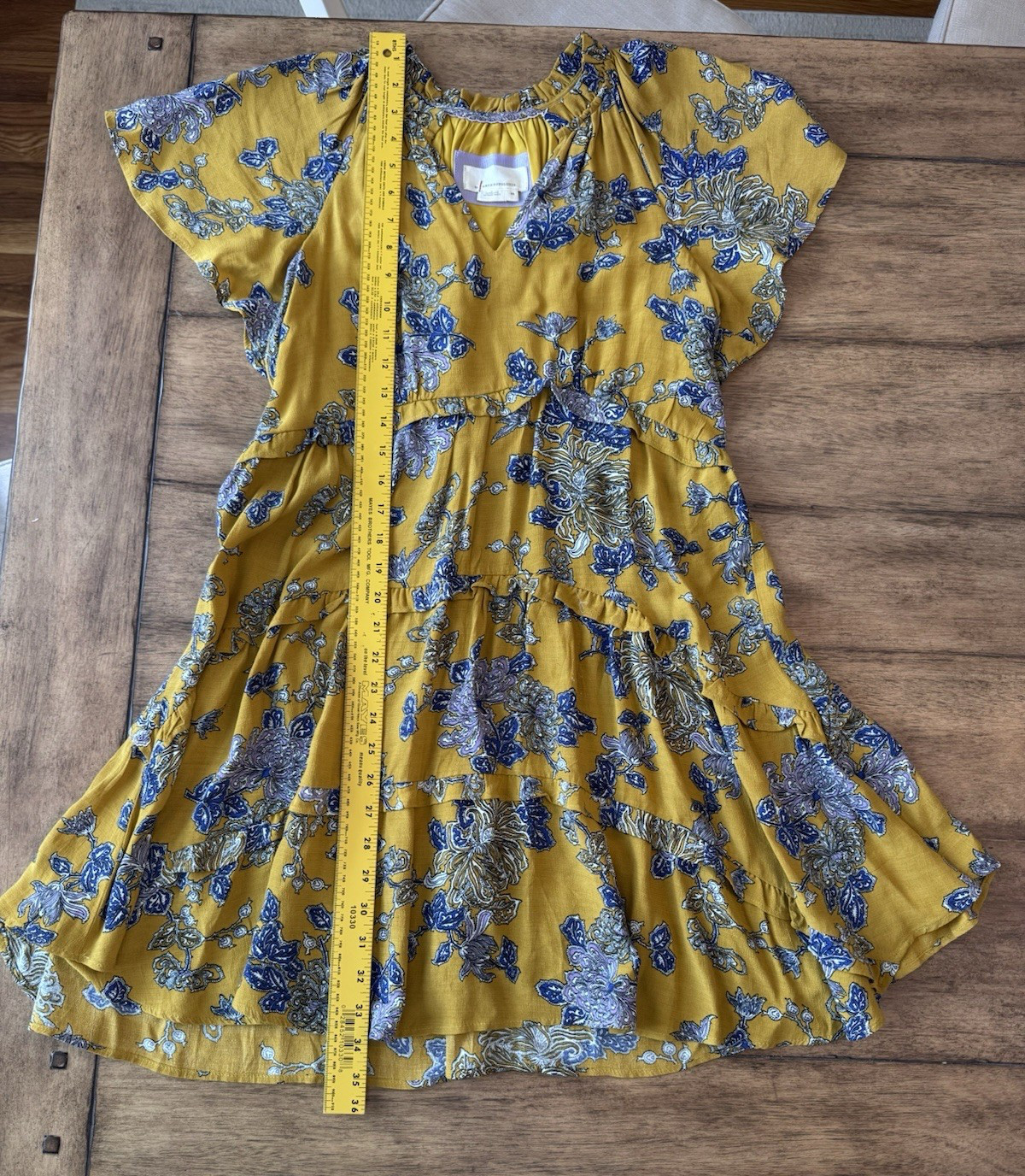 By Anthropologie Robin Tiered Floral Mini Dress Mustard Navy Women’s Size XS EUC