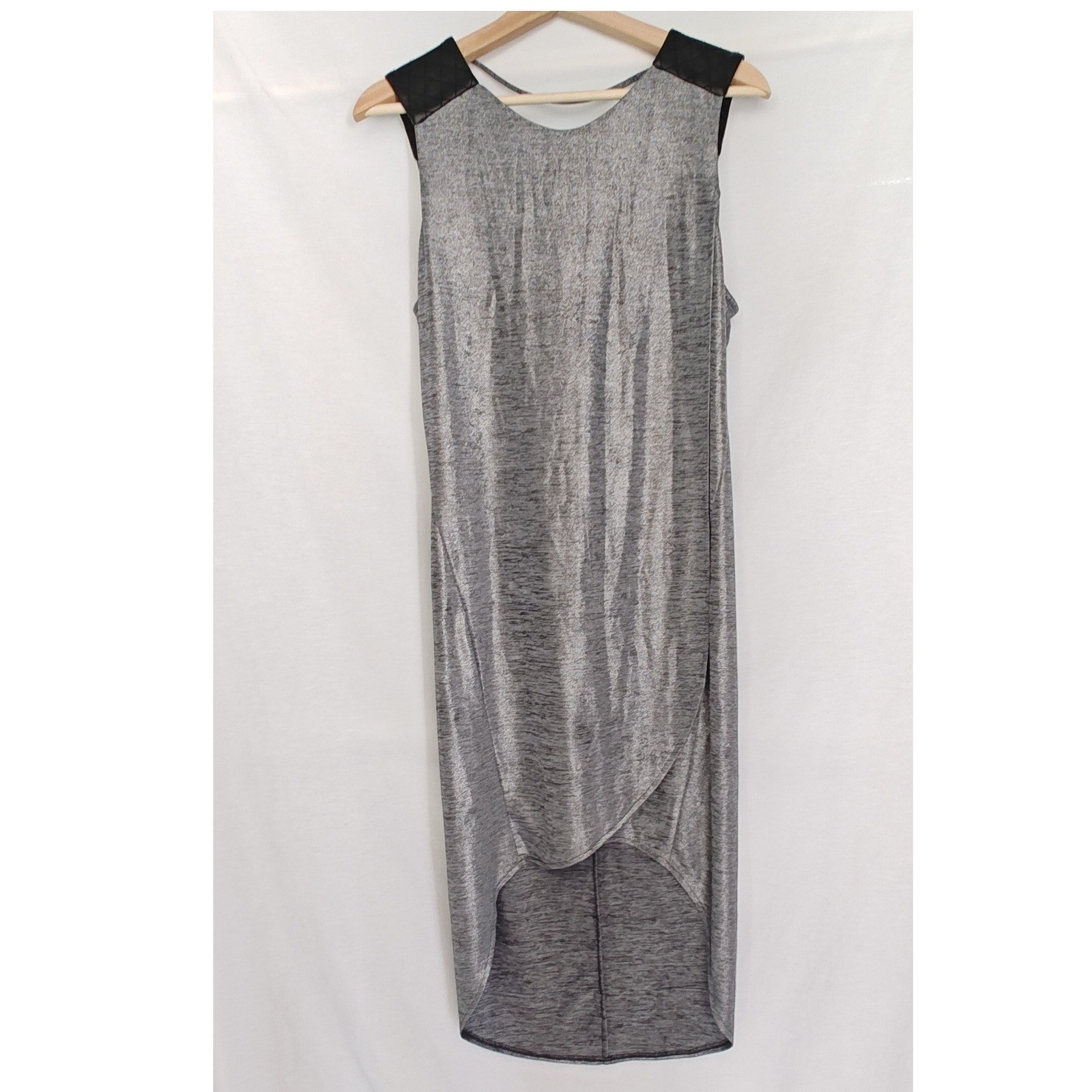 BCBGeneration Dress Grey Metallic Quilted Faux Leather Detail Shift High Low M