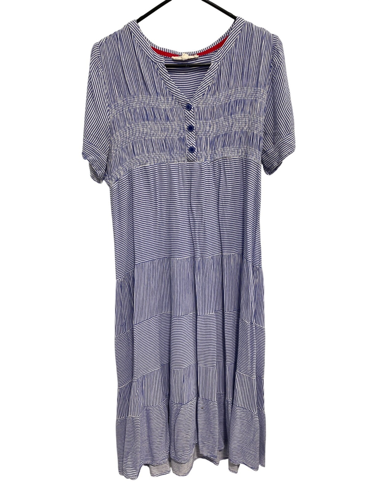 Cactus + Pearl Midi Dress Size Large Strip Tiered Skirt VNeck Blue White Sailor