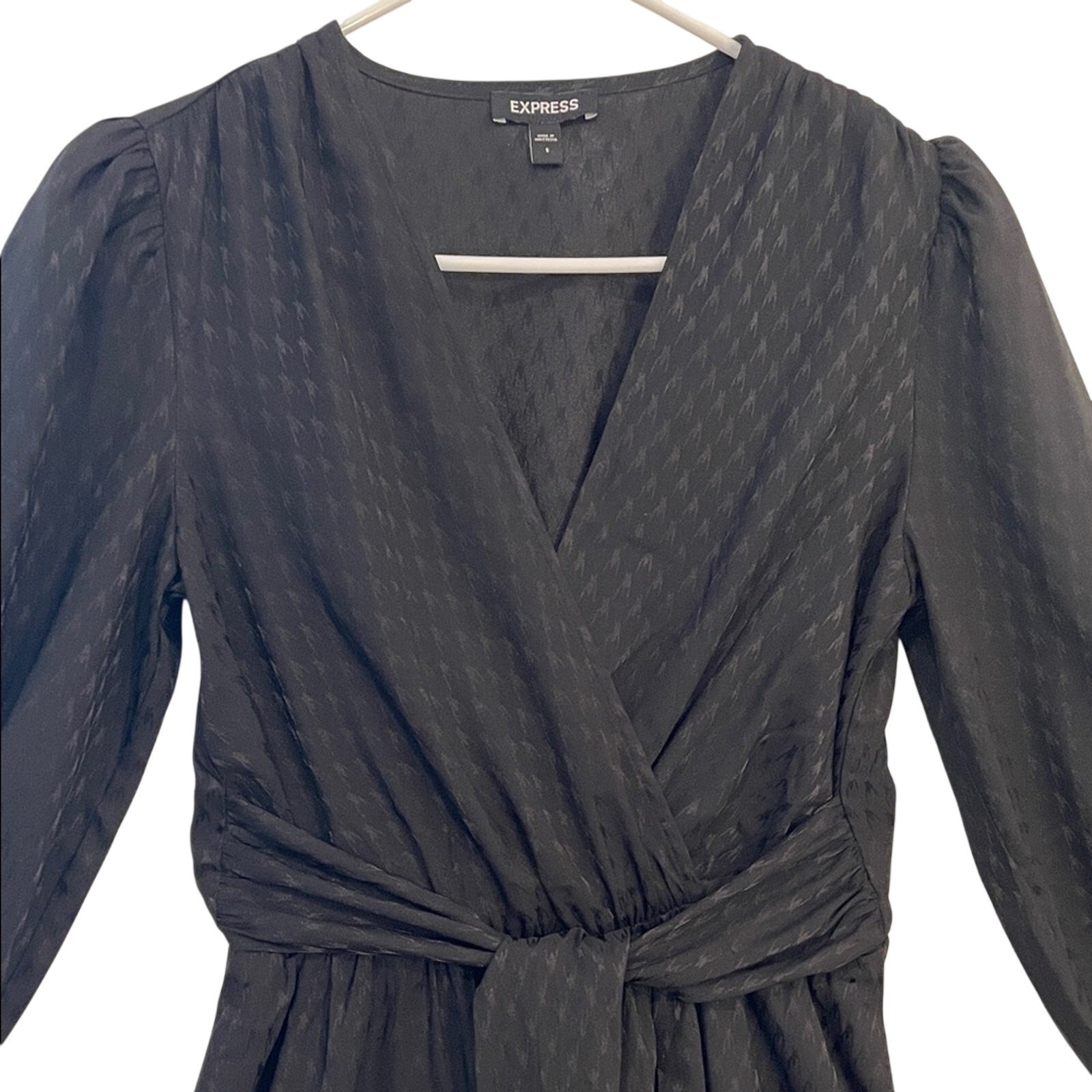 Express Textured Long Sleeve Wrap Tie Mini Dress in black size S