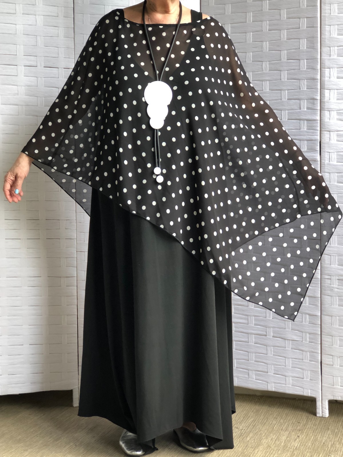 LAGENLOOK BOHO ARTSY 2 PIECES SET OF ASYMMETRICAL CAMI DRESS WITH DOT SHRUG