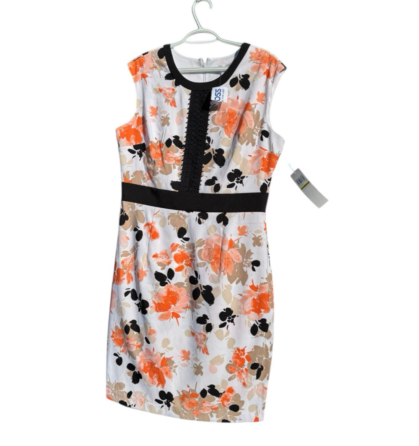 London Times sz 14 Sheath Dress Floral Orange Black Midi Guipure Lace Trim NWT