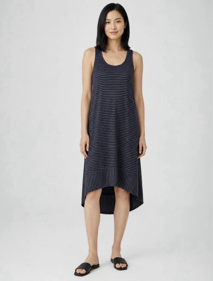 Eileen Fisher 100% Linen Racerback Midi Dress Size S Black/Gray Stripes Neutral