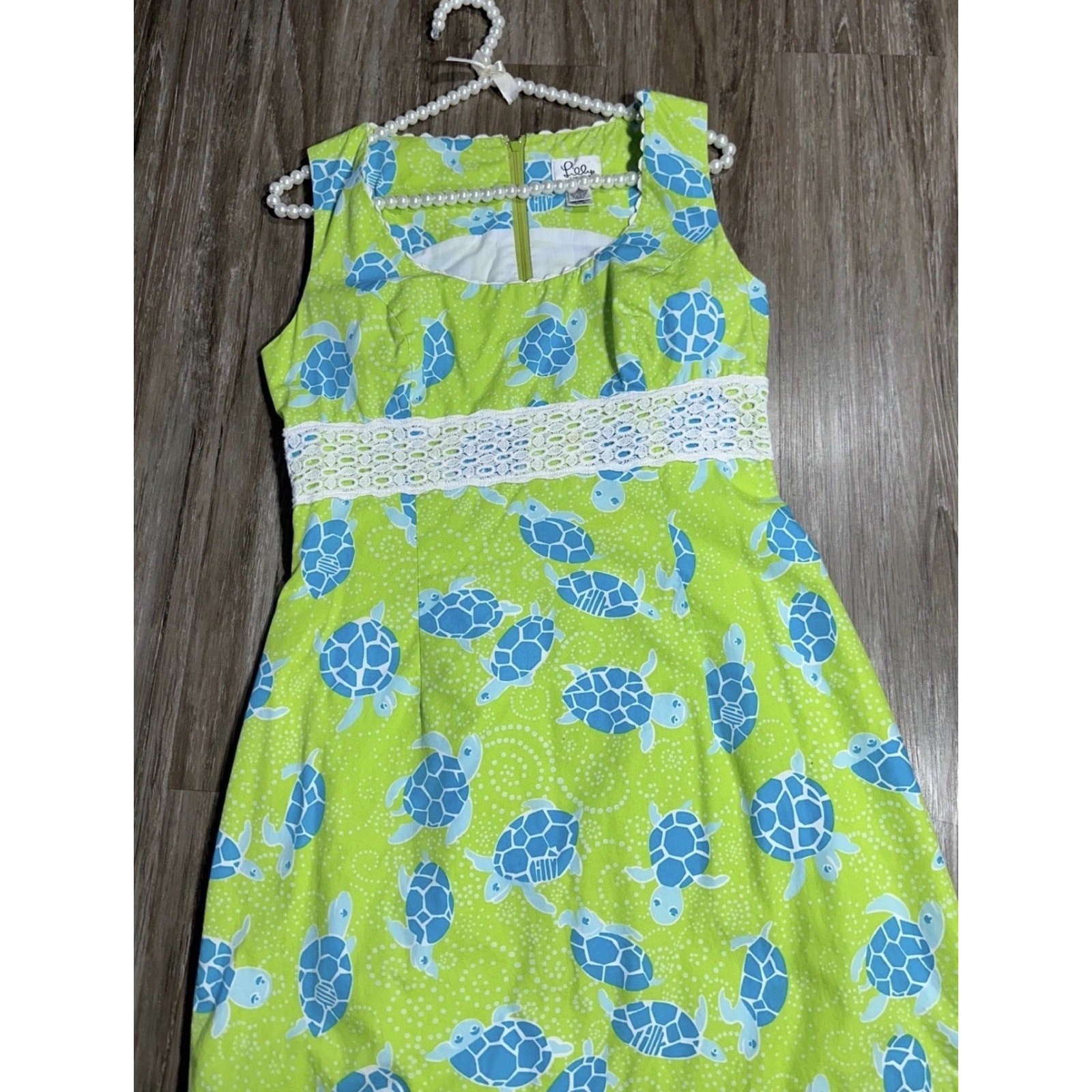 Lilly Pulitzer Dress Sea Turtle Print Lace Trim Details Size 8 Cotton Vintage