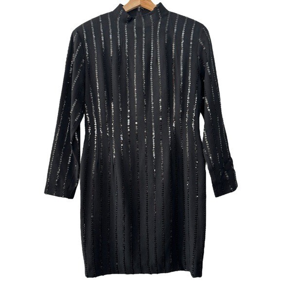 Pearl C Women’s Black 100% Wool Sequin Long Sleeve Dress Formal Elegant Party 8