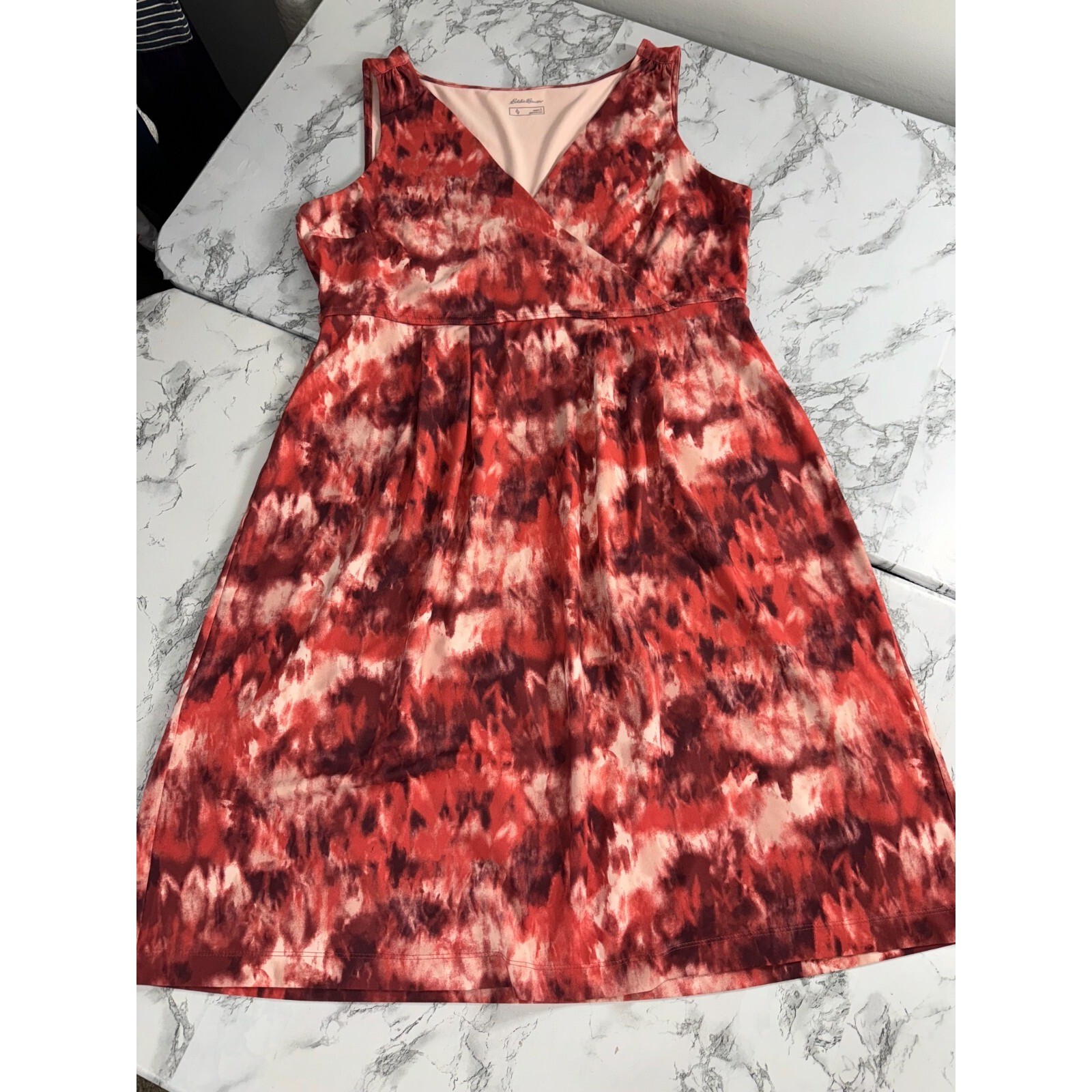 Eddie Bauer Travex Aster Surplice Dress Red Tie Dye Knee Length Size Large