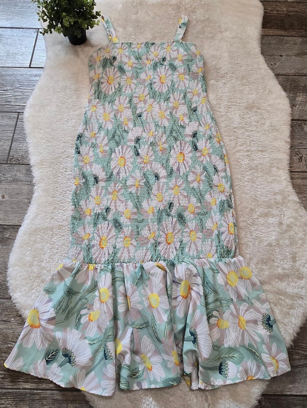 PrettyGarden Geen Floral Daisy Smocked Mermaid Ruffle Midi Dress, Size XL