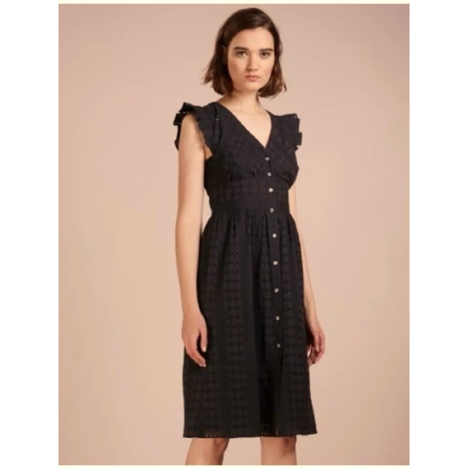 J Crew Black Eyelet Button-Front Midi Dress 100% Cotton Dress