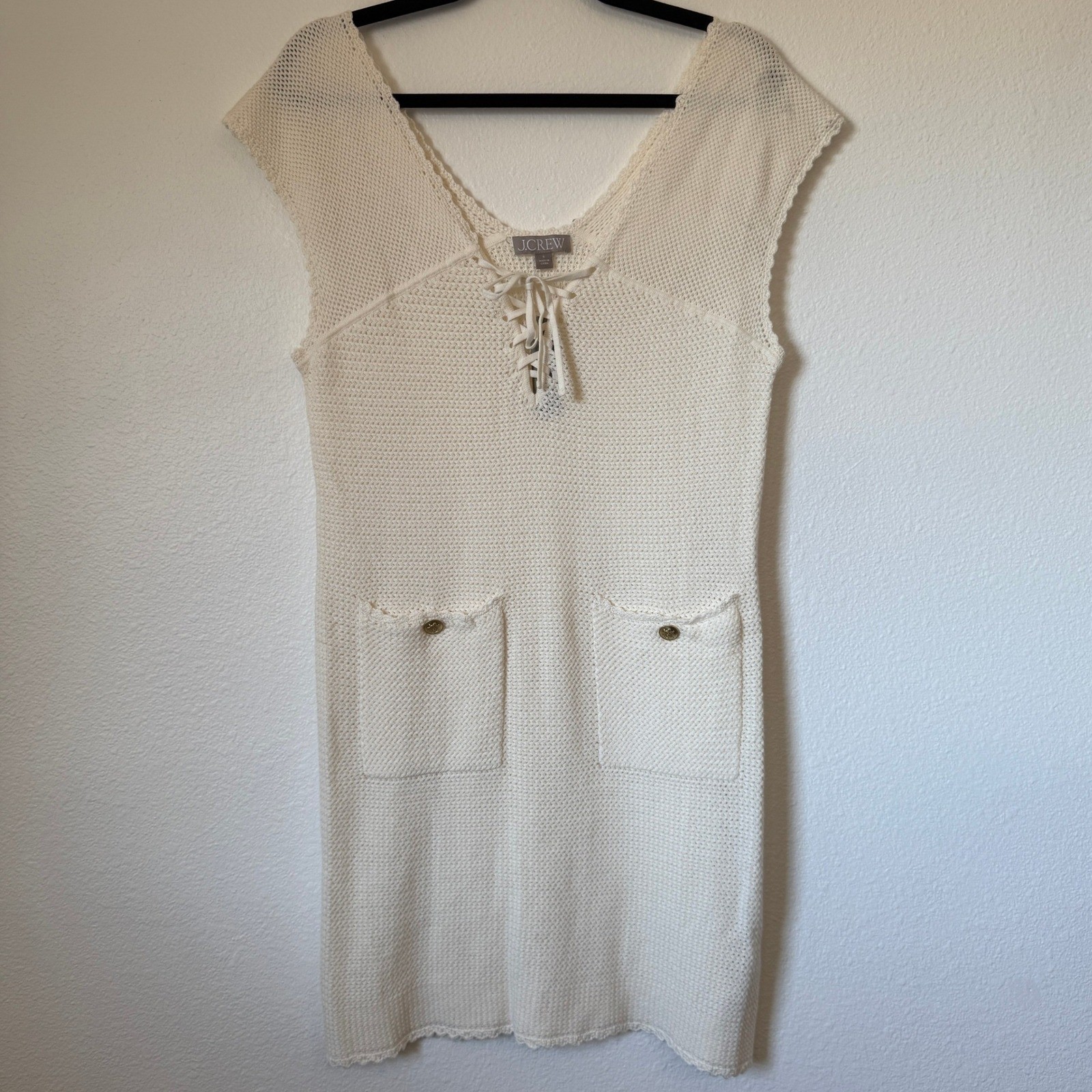 J.Crew Womens Ivory Lace Up Sweater Dress CA650 Pointelle Knit Gold Button Small