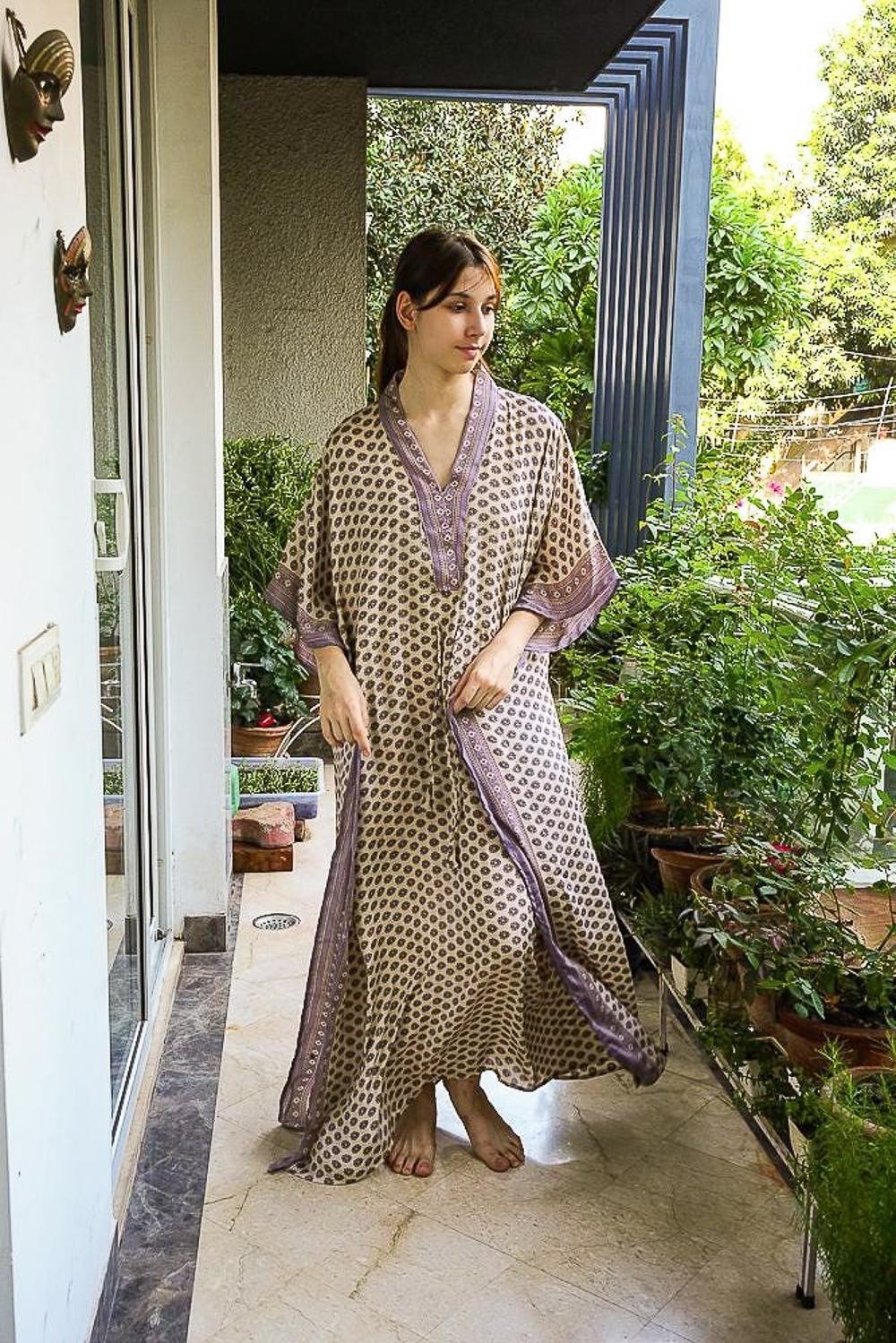 Silk Beige Kaftan / Handmade Flowy Maxi Dress / Resort Wear Outfit PS MFN1048