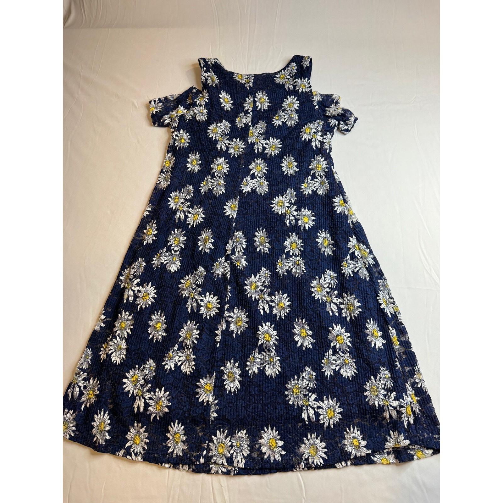 Signature by Robbie Bee Daisy Floral Cold Shoulder Dress Petite Small PS Navy