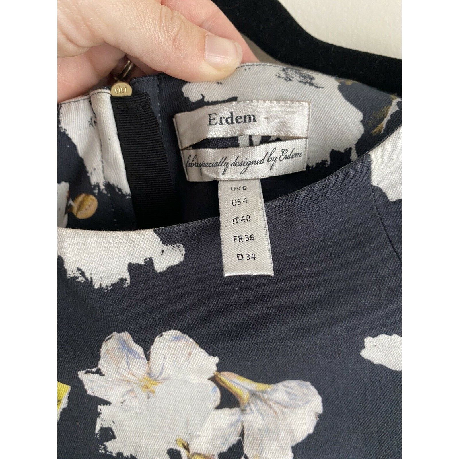 Erdem Joyce Floral Print Crepe Sheath Dress Navy Bateau Neck Designer Size 4