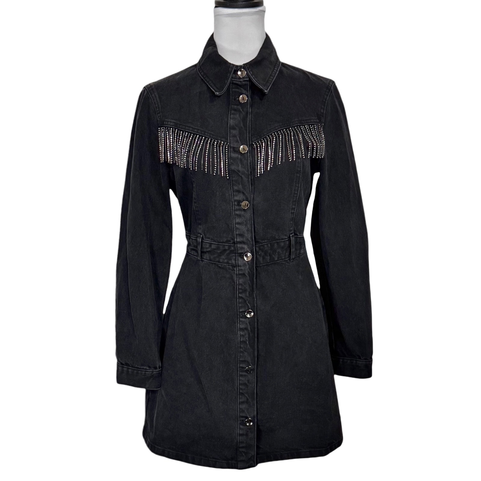 NWT Zara Western Denim Fringe Mini Shirt Dress Size S Washed Black Cowgirl Glam