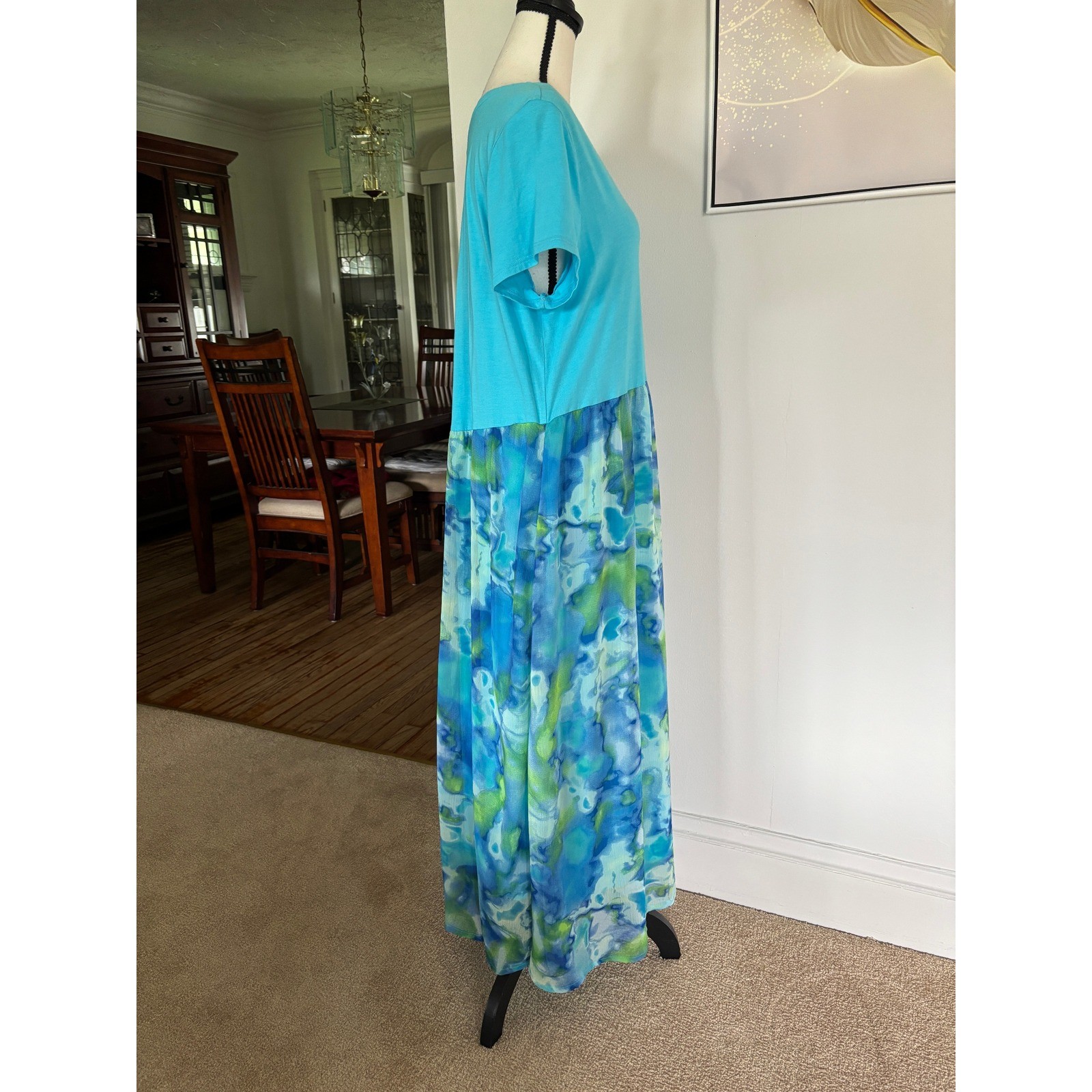LOGO by Lori Goldstein Turquoise Watercolor Mixed Media Maxi Dress Sz M