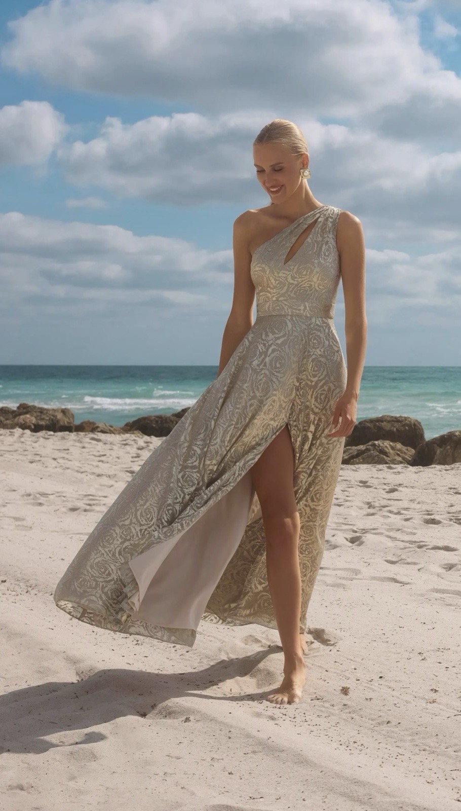 BETSY AND ADAM “MARIAH” METALLIC FOIL KNIT ONE SHOULDER DRESS A27193 Size 12