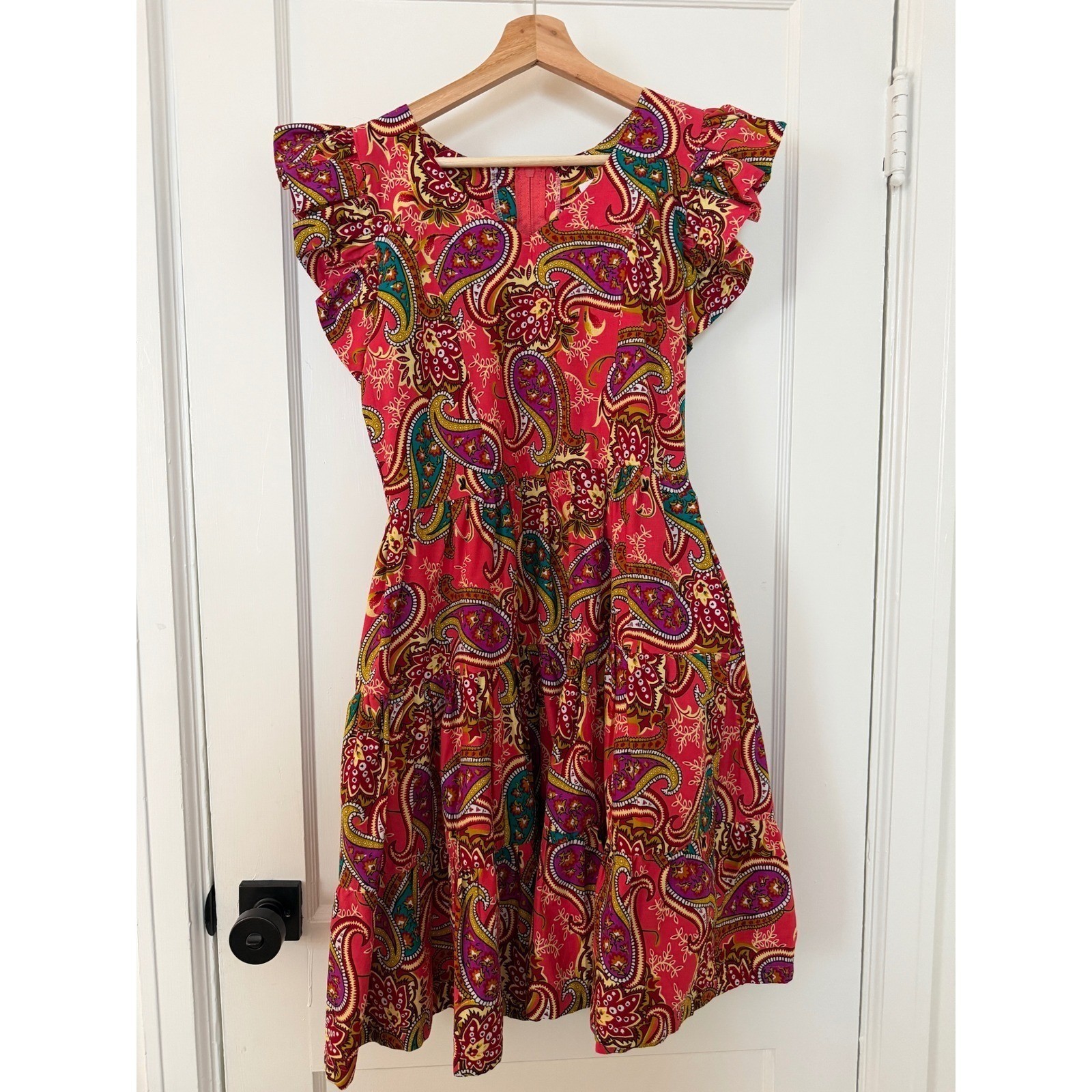 Pink Paisley Tiered Ruffle Sleeve Fit & Flare Cotton Dress Sz S: Boho, Party