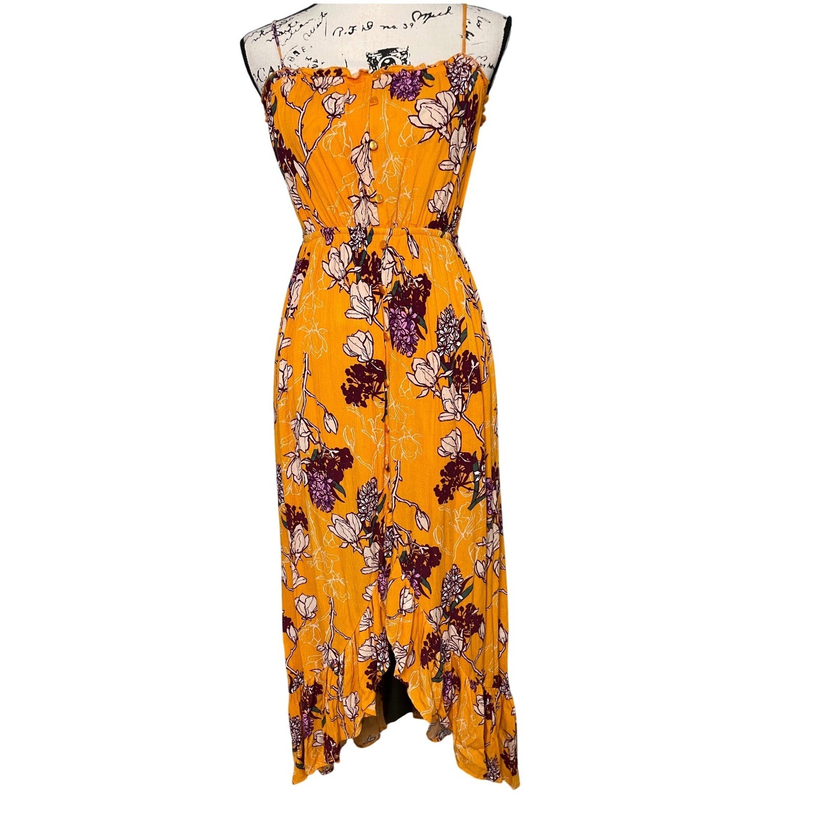 One Clothing Floral Midi Dress Womens Small Yellow Excellent Boho Ruffle
