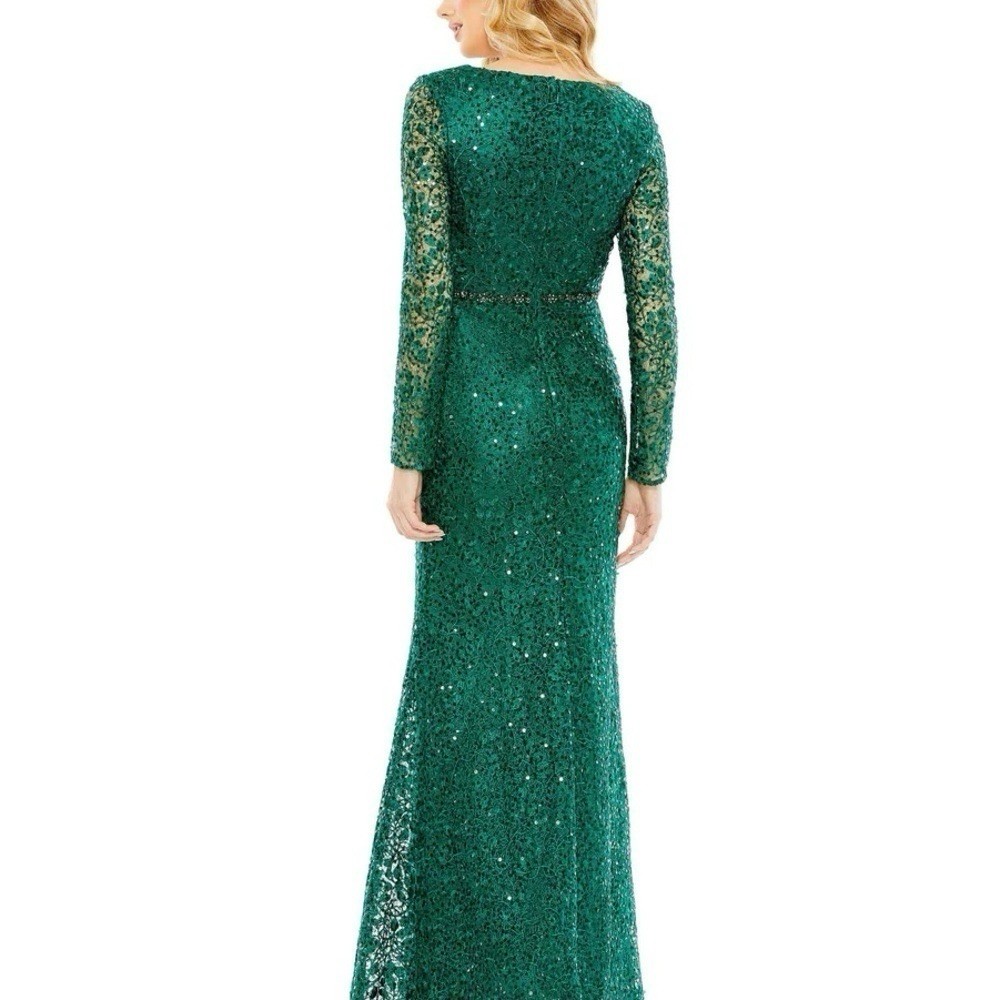 NWT Mac Duggal 68016 Emerald Green Beaded Illusion Sleeve Gown Dress Size 18
