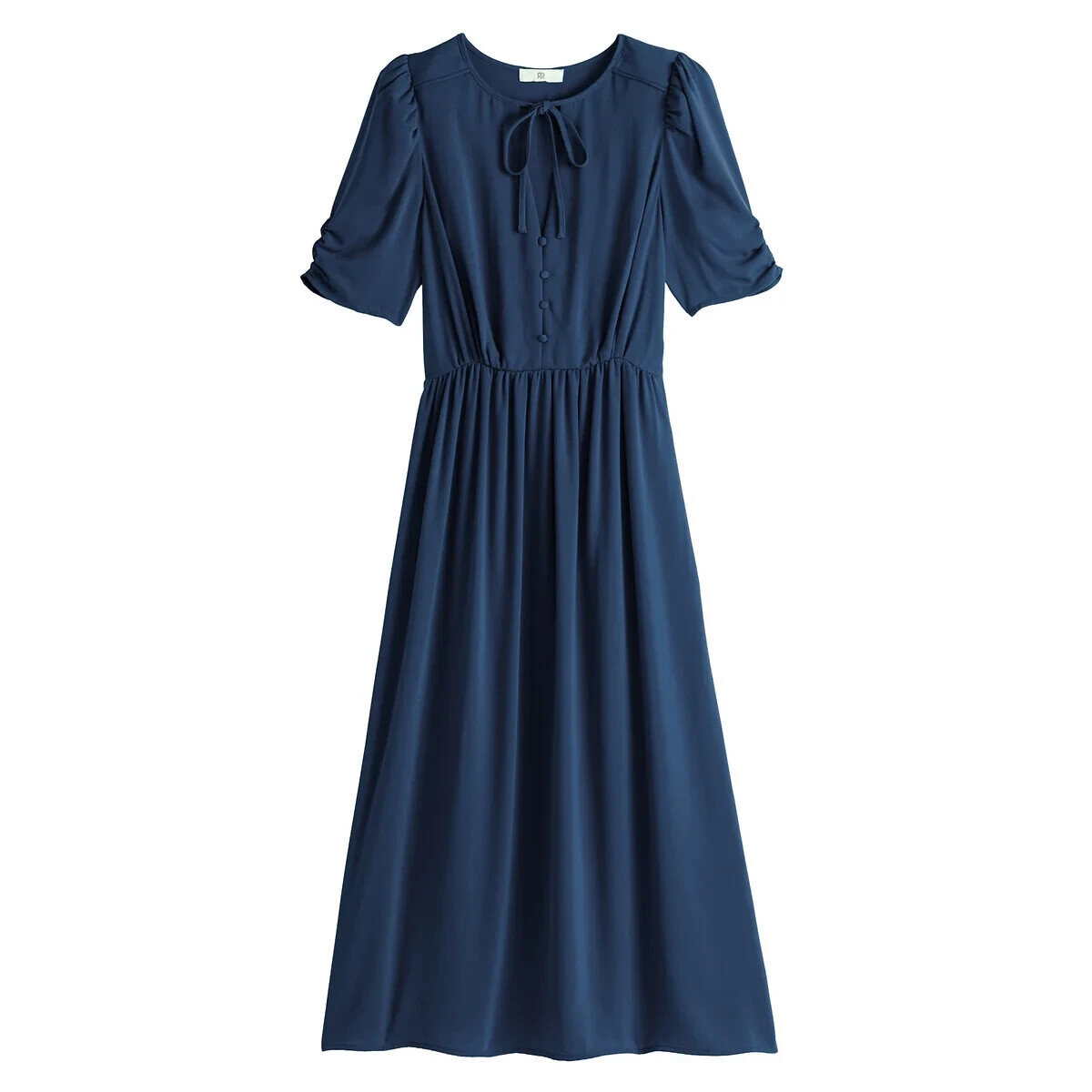 La Redoute Navy V-Neck Midi Dress Size 12 Short Puff Sleeves Draping RRP £52
