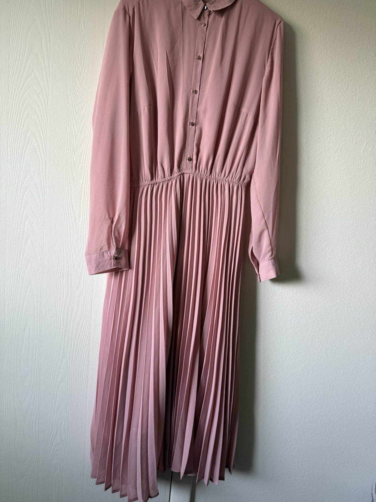 ABLETREE Pink Solid Collared Button Front Pleated Lined Dress