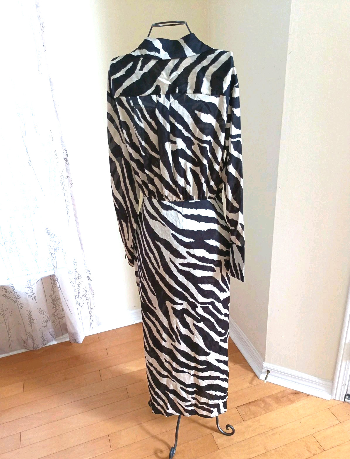 NWT 12th Tribe Wrap Maxi Dress Collared Zibra Print Long Sleeve M Cream Black